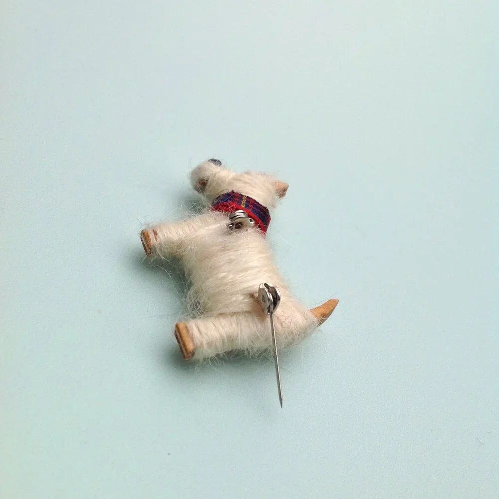 Artisan Brooch Scottish Shetland Wool, Tartan Plaid + Wood Scottie Terrier Dog